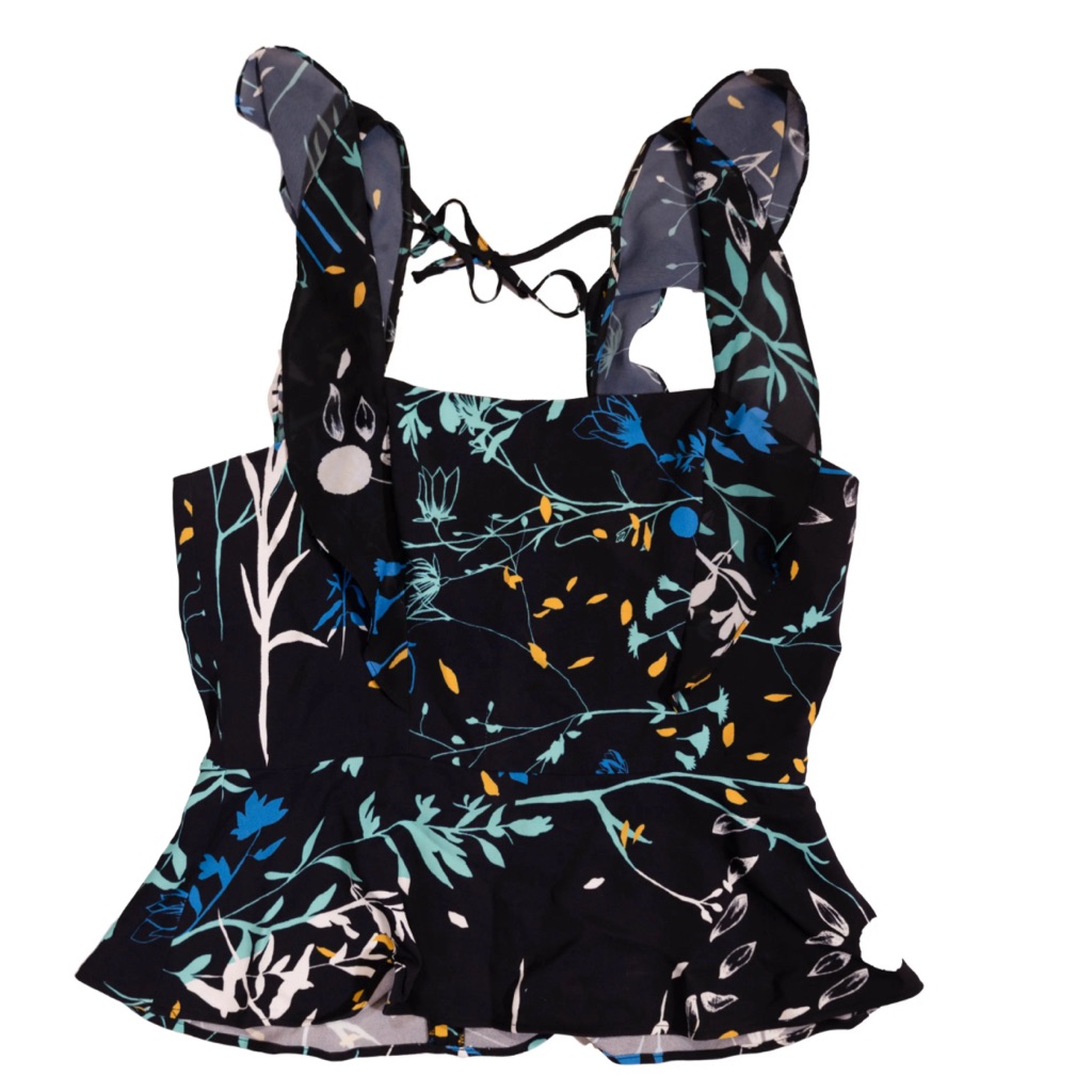 Nwot Parker ‘Jess’ Floral Pattern Ruffle Peplum Crepe Blouse (Navy) (S)